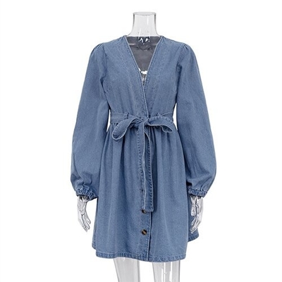 OEM European American Cross Border Polyester V Neck Long Sleeved Dress