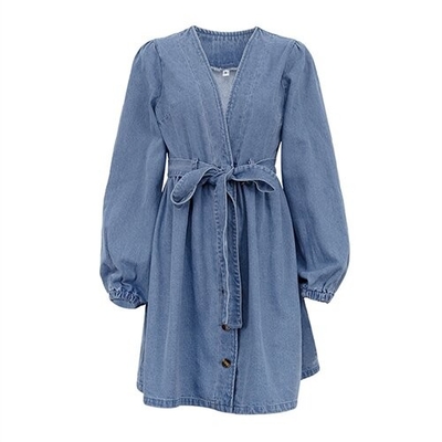 OEM European American Cross Border Polyester V Neck Long Sleeved Dress
