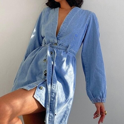 OEM European American Cross Border Polyester V Neck Long Sleeved Dress