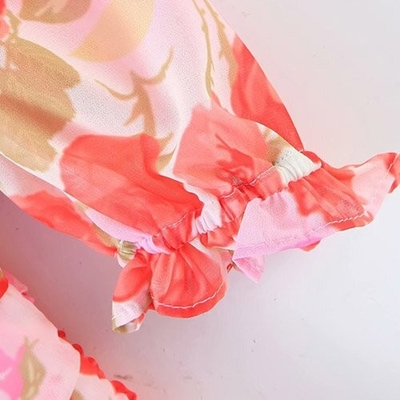 OEM maufactory  Oil Painting Rose Printed Pleated V Neck Polyester Short Sleeve Dress